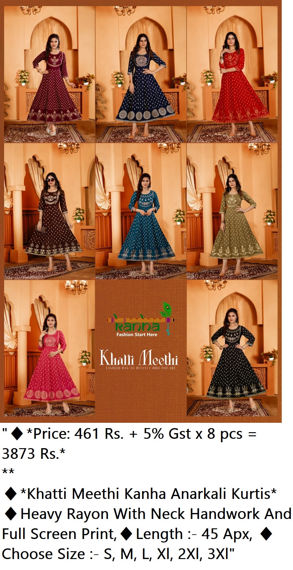 Khatti Meethi Kanha Heavy Rayon Handwork Anarkali Kurtis