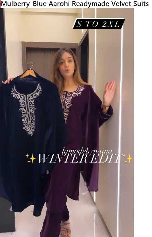 Mulberry Blue Aarohi  Embroidery Work Readymade Velvet Suits