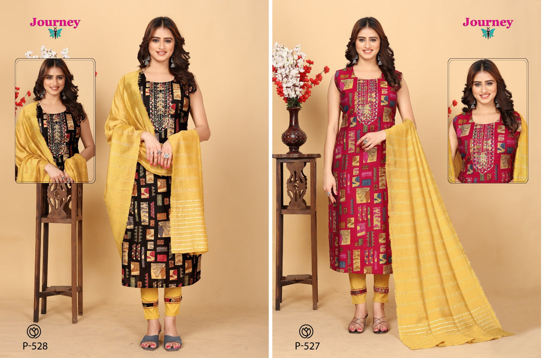 P 527 528 Journey Design Modal Chanderi With Work Readymade Pant Style Suits
