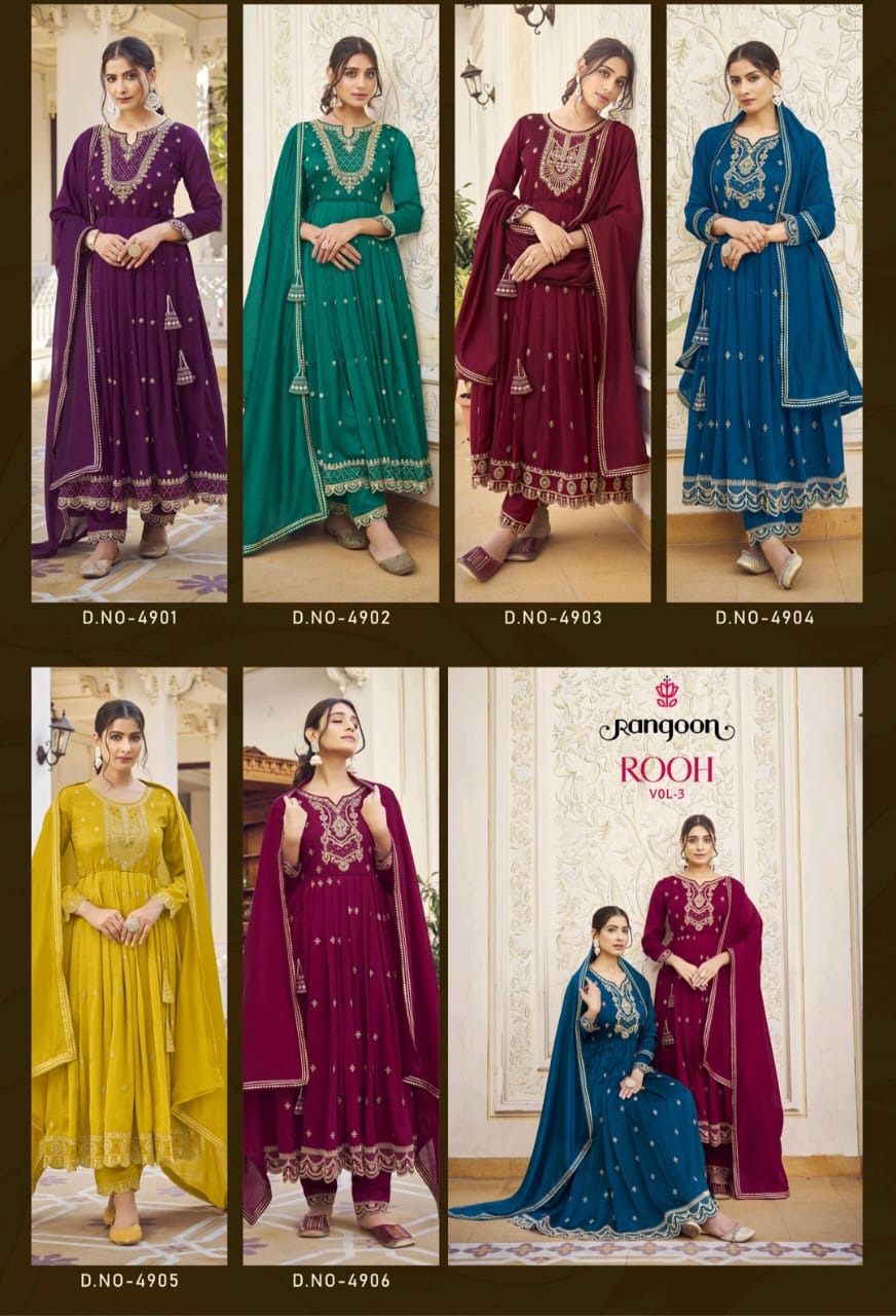 Rooh Vol 3 Rangoon Silk Embroidery Work Readymade Pant Style Suits