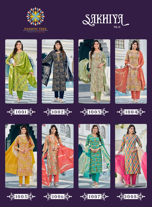 Sakhiya Vol 1 Passion Tree Rayon Foil Print Readymade Pant Style Suits