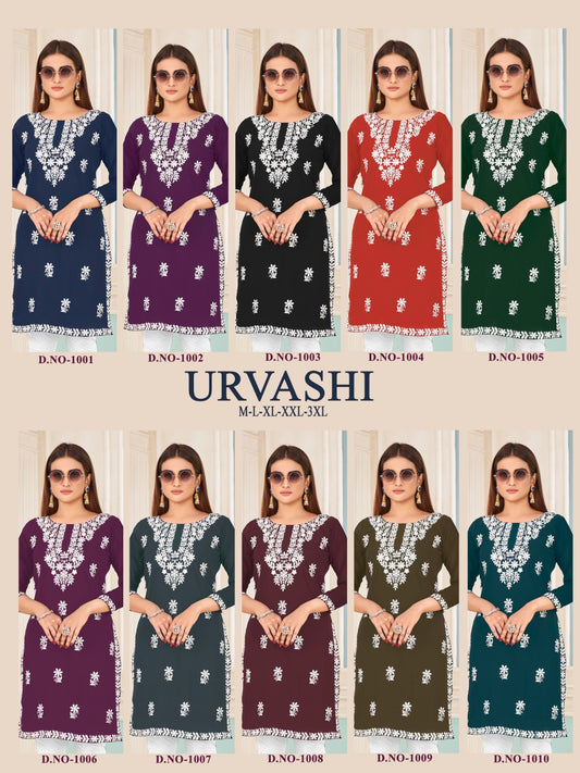 Urvashi Banwery Fox Georgette Embroidery Knee Length Kurtis