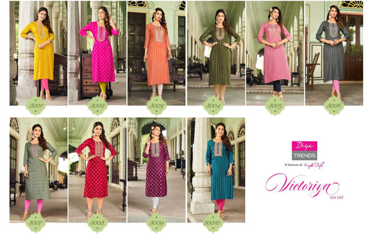 Victoria Vol 8 Diya Trends Rayon Embroidery Work Long Straight Kurti