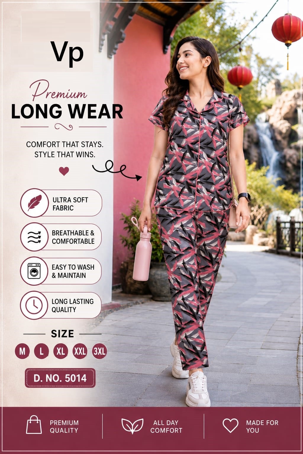 0806 Design 5014 Vp Cotton Collar Night Suits Manufacturer