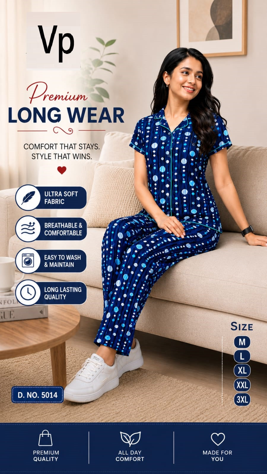 0806 Design 5014 Vp Cotton Collar Night Suits Manufacturer
