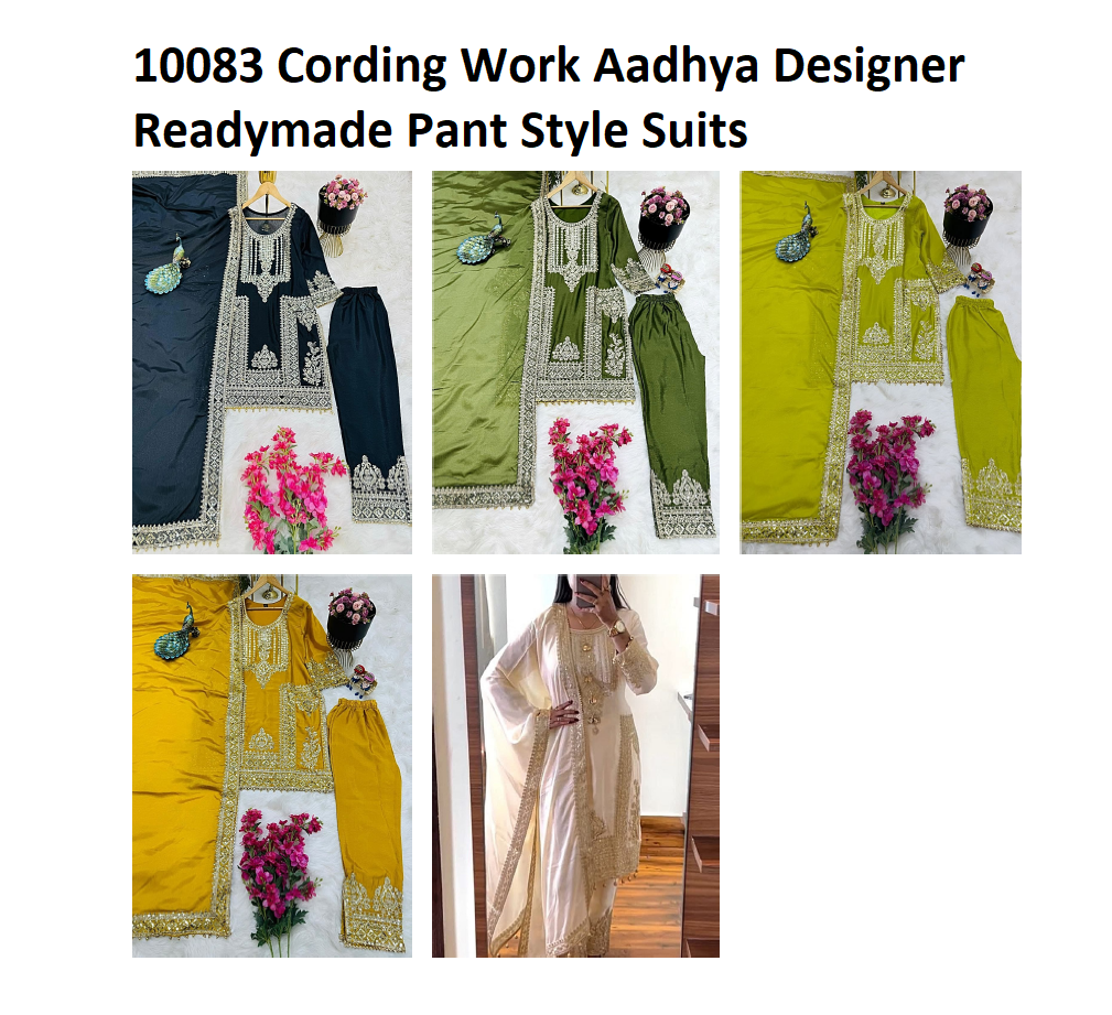 10083 Cording Work Aadhya Designer Chinnon Silk Readymade Pant Style Suits Wholesaler Gujarat