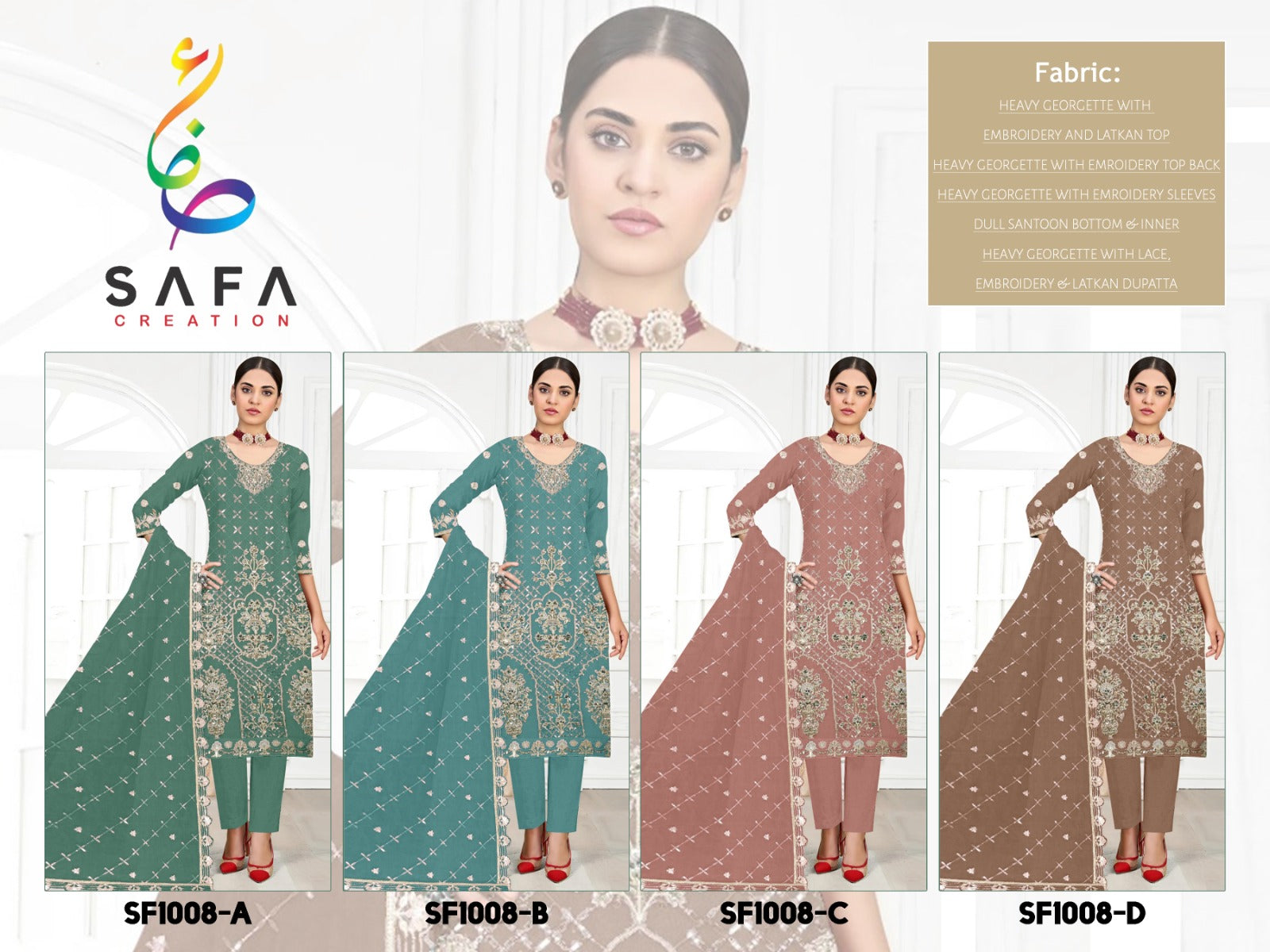1008Abcd Safa Creation Georgette Pakistani Salwar Suits Wholesaler Ahmedabad