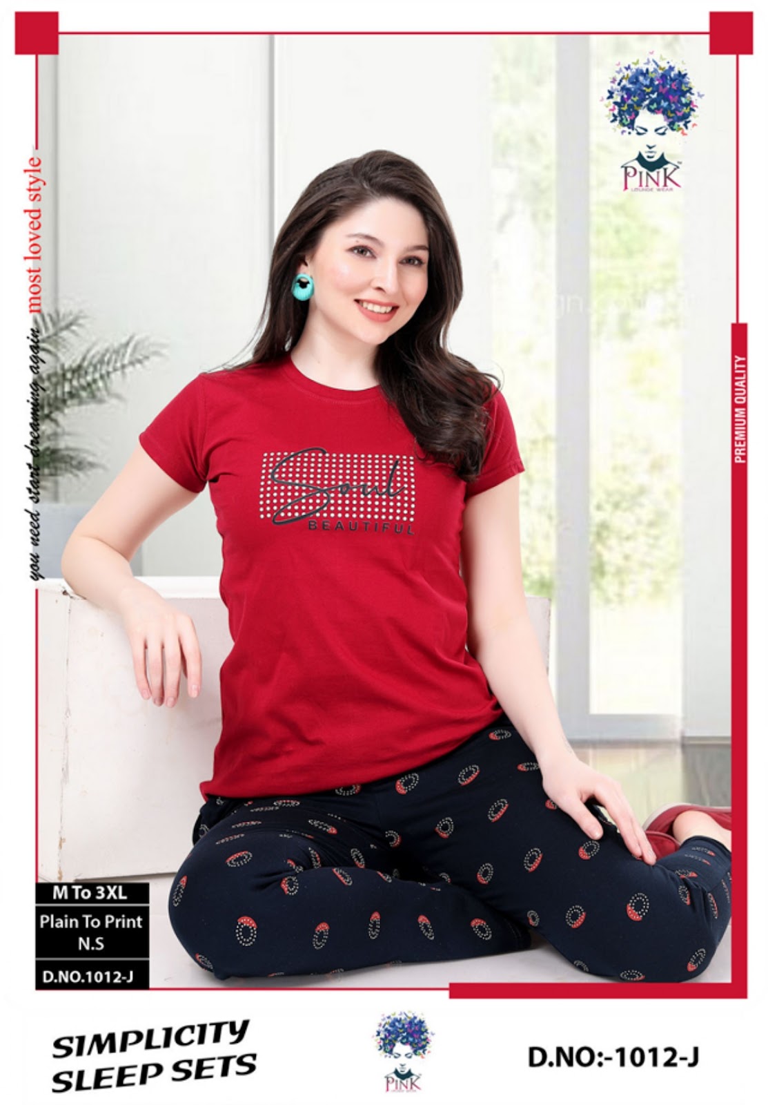 1012 J Pink Cotton Pyjama Night Suits Exporter Ahmedabad
