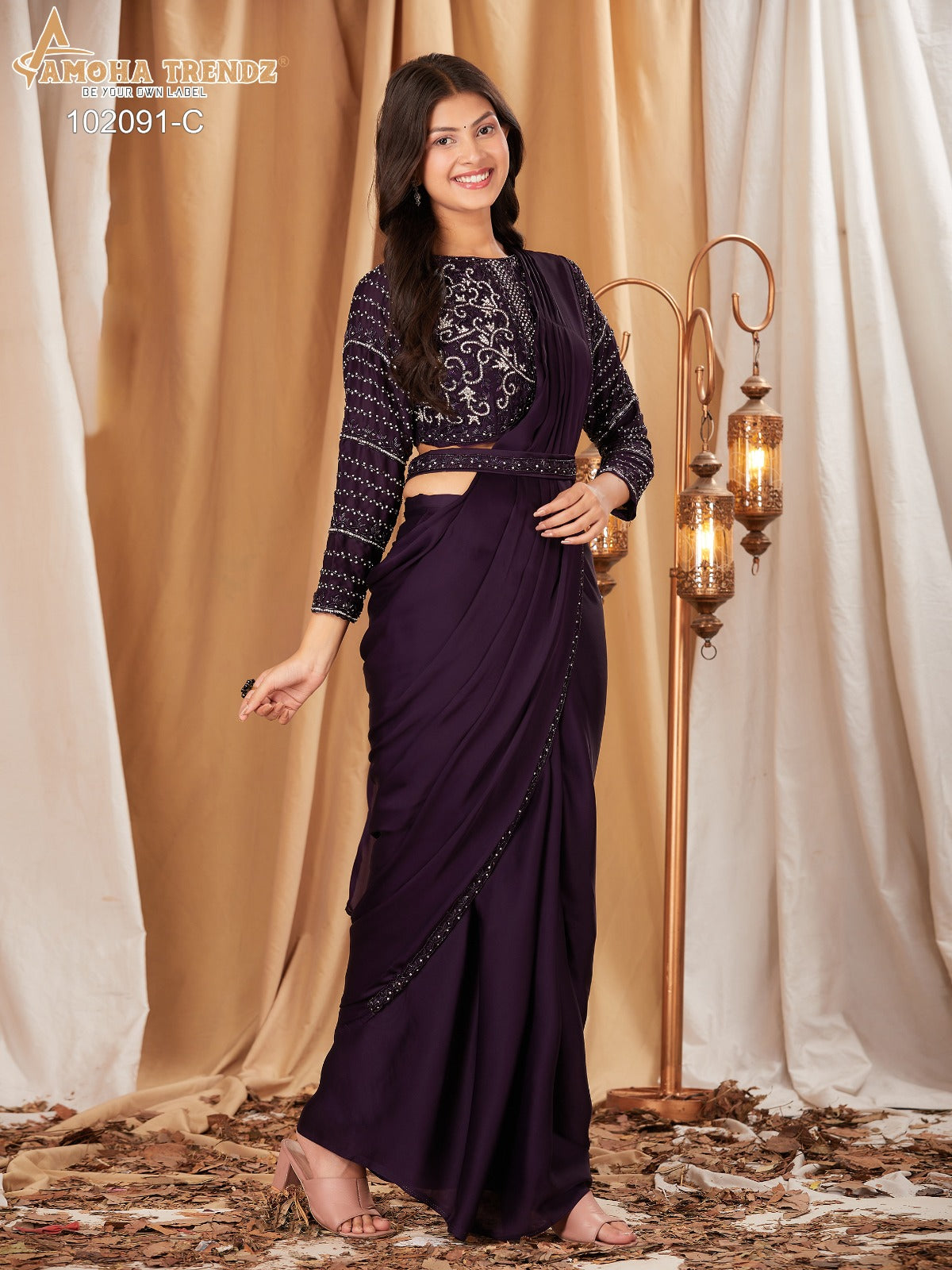 102091Abcd Amoha Chinon Ready To Wear Saree Wholesaler