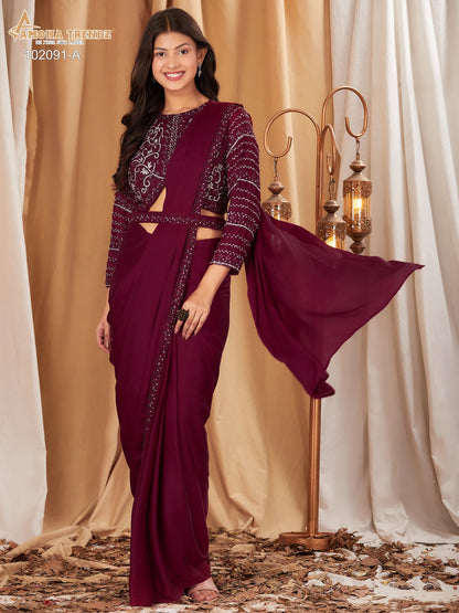 102091Abcd Amoha Chinon Ready To Wear Saree Wholesaler