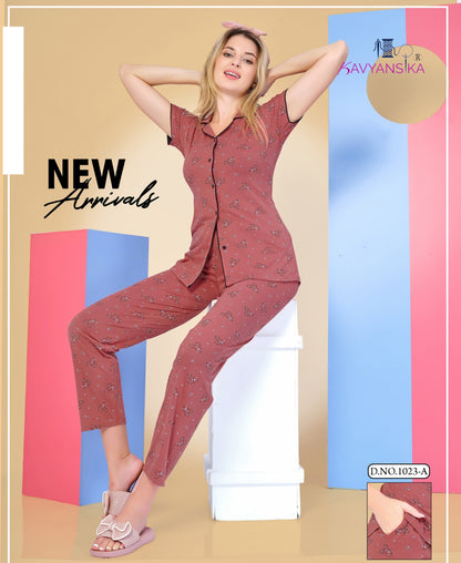 1023 Kavyansika Hosiery Sinker Collar Night Suits Supplier Ahmedabad