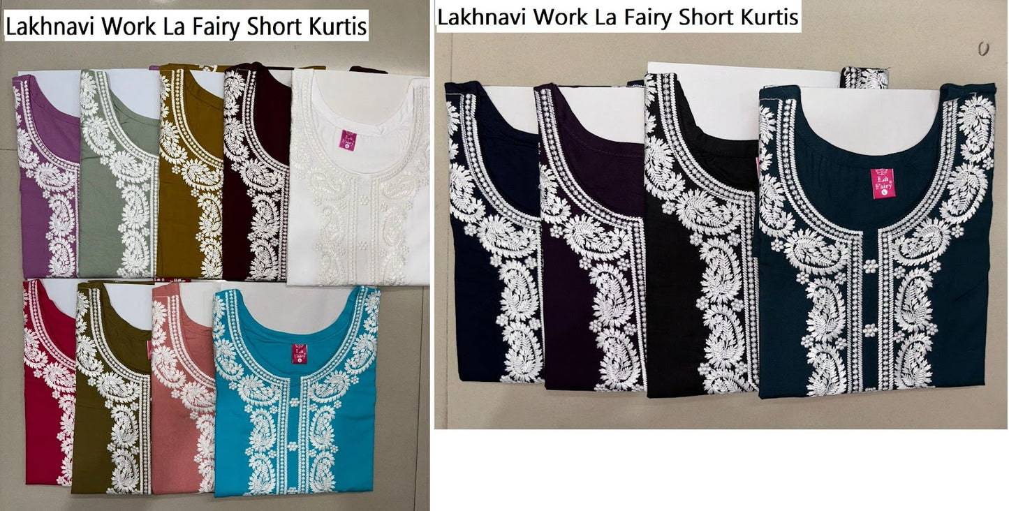 Lakhnavi Work La Fairy Heavy Reyon Short Kurtis Supplier
