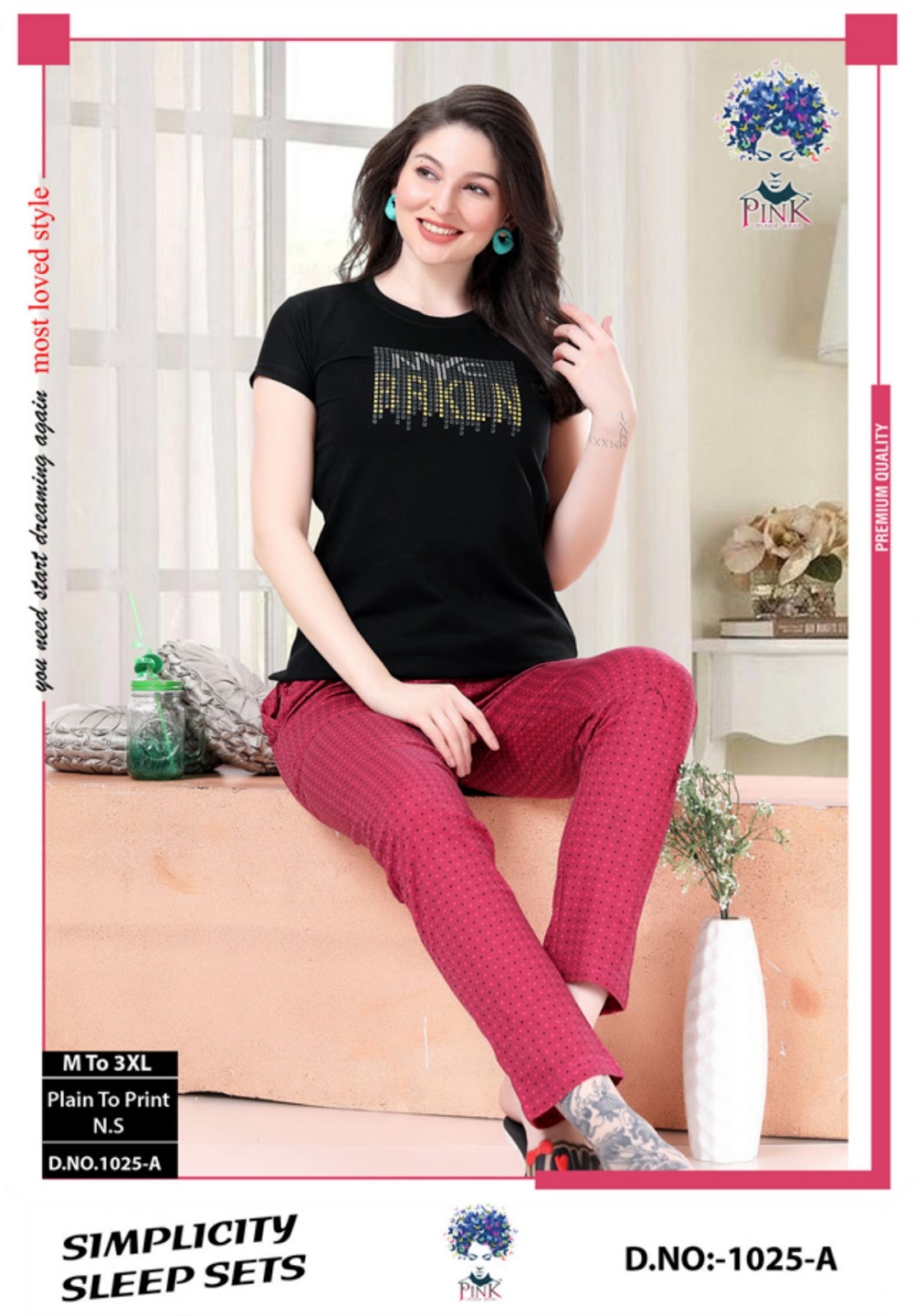 1025 A Pink Cotton Pyjama Night Suits Wholesaler Ahmedabad