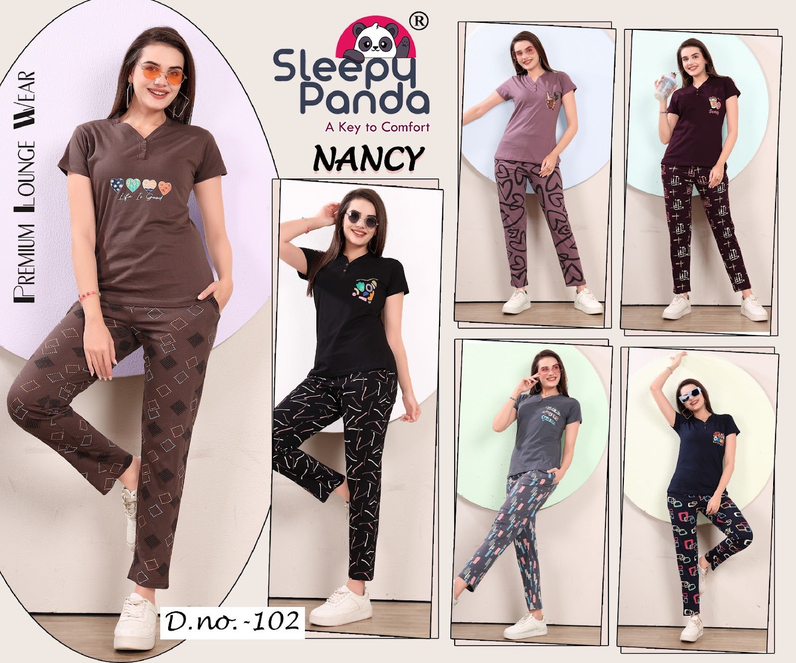 102 Nancy Sleepy Panda Sinker Pyjama Night Suits Wholesale Price