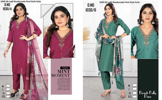 1030 Ab Ladli Roman Silk Readymade Pant Style Suits Supplier India