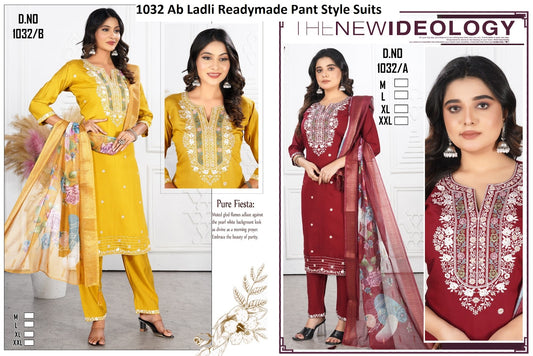 1032 Ab Ladli Roman Silk Readymade Pant Style Suits Wholesale Price