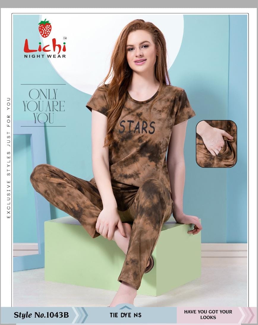 1043 Lichi Tie Dye Pyjama Night Suits Wholesale Rate