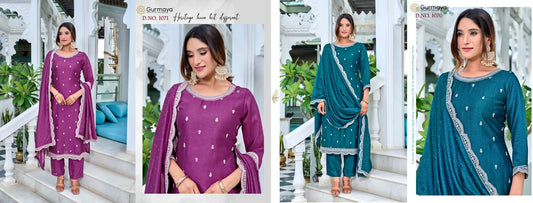 1070-1071 Gurmaya Aanchi Vichitra Silk Readymade Pant Style Suits Exporter India