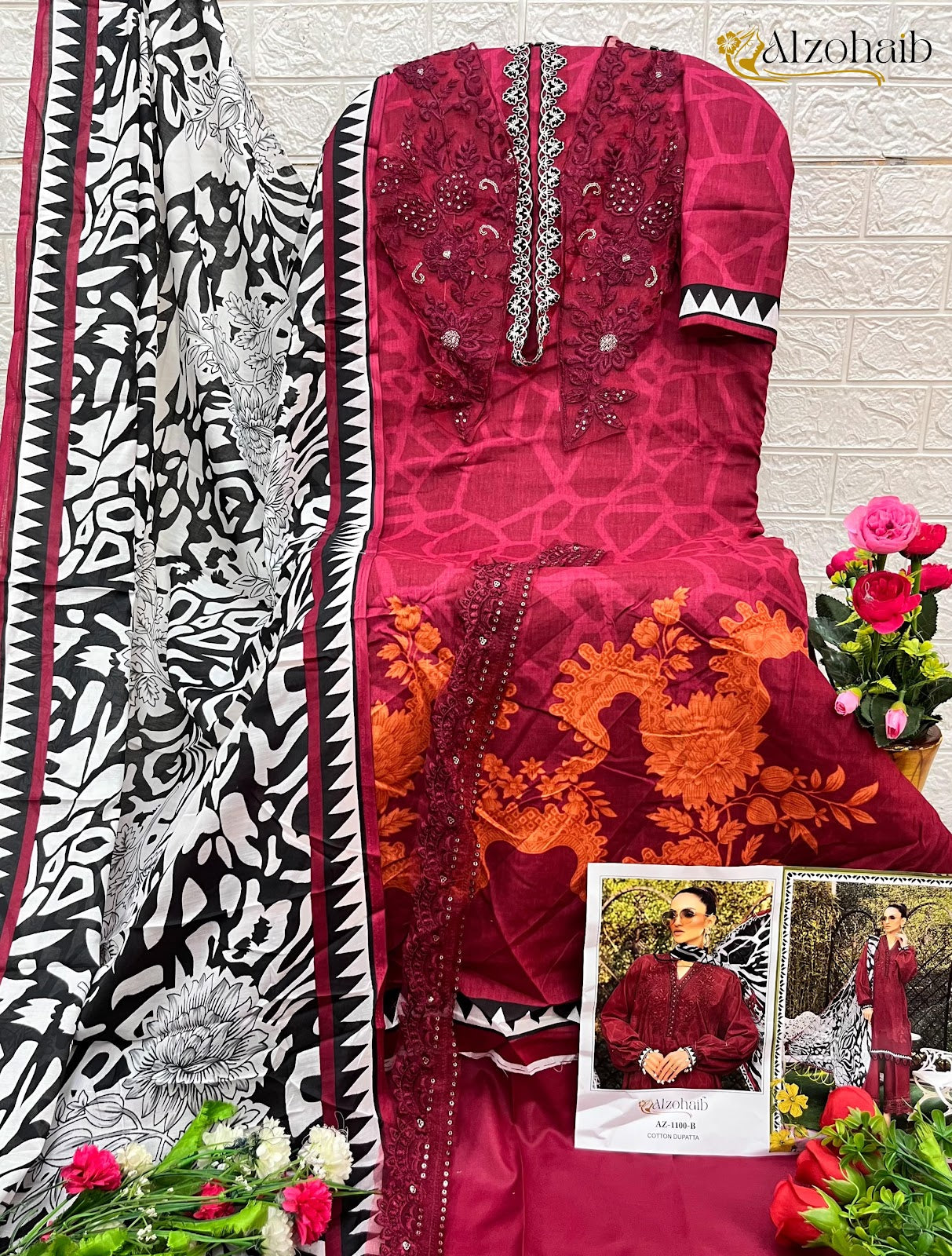 1100Abcd Al Zohaib Pure Cotton Pakistani Patch Work Suits Wholesaler