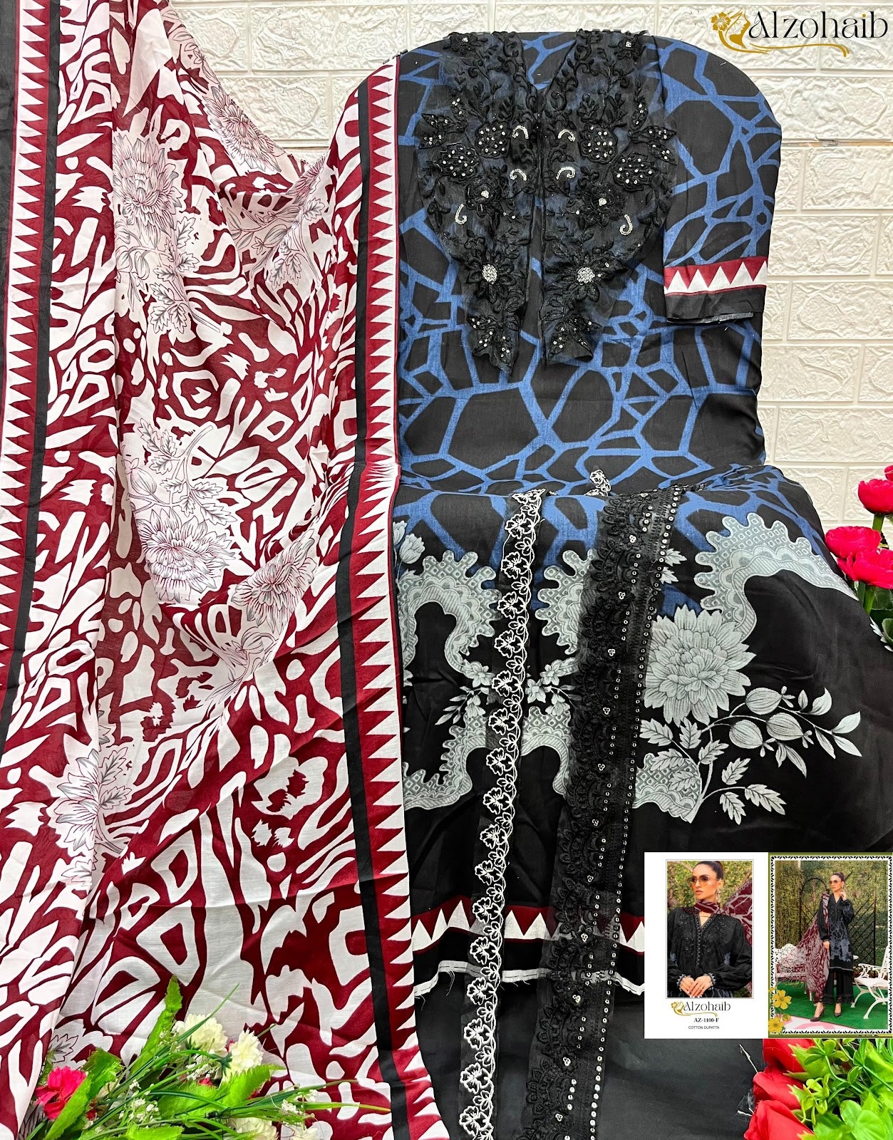 1100Abcd Al Zohaib Pure Cotton Pakistani Patch Work Suits Wholesaler