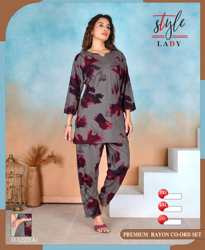 1106 Design 1222 A Ladys Rayon Co Ord Set Wholesaler Ahmedabad
