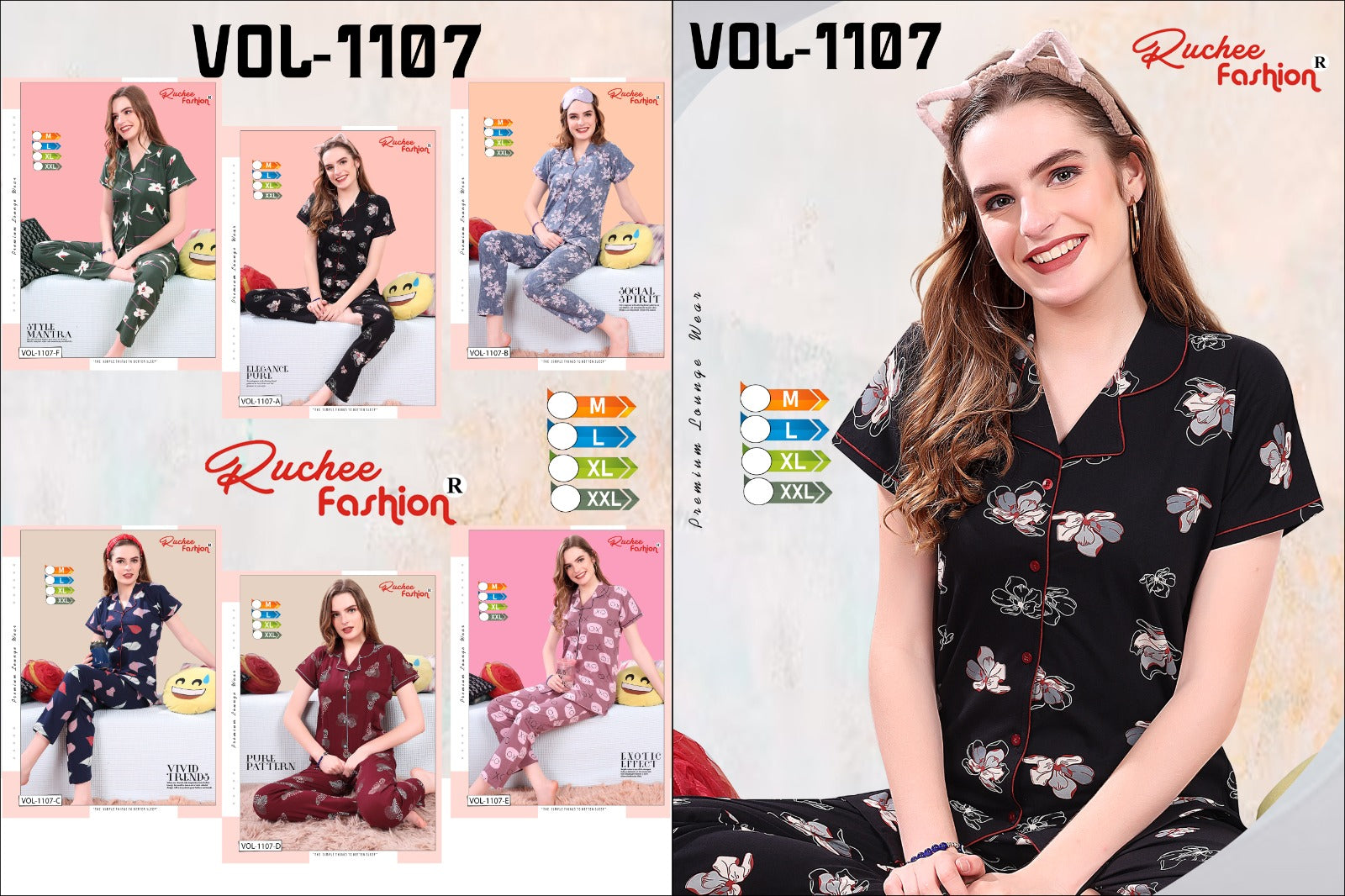 1107 Ruchee Fashion Hosiery Sinker Collar Night Suits Exporter Gujarat