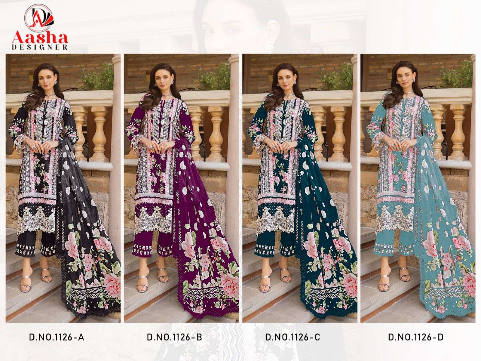1126Abcd Aasha Designer Cambric Cotton Pakistani Patch Work Suits Exporter Ahmedabad