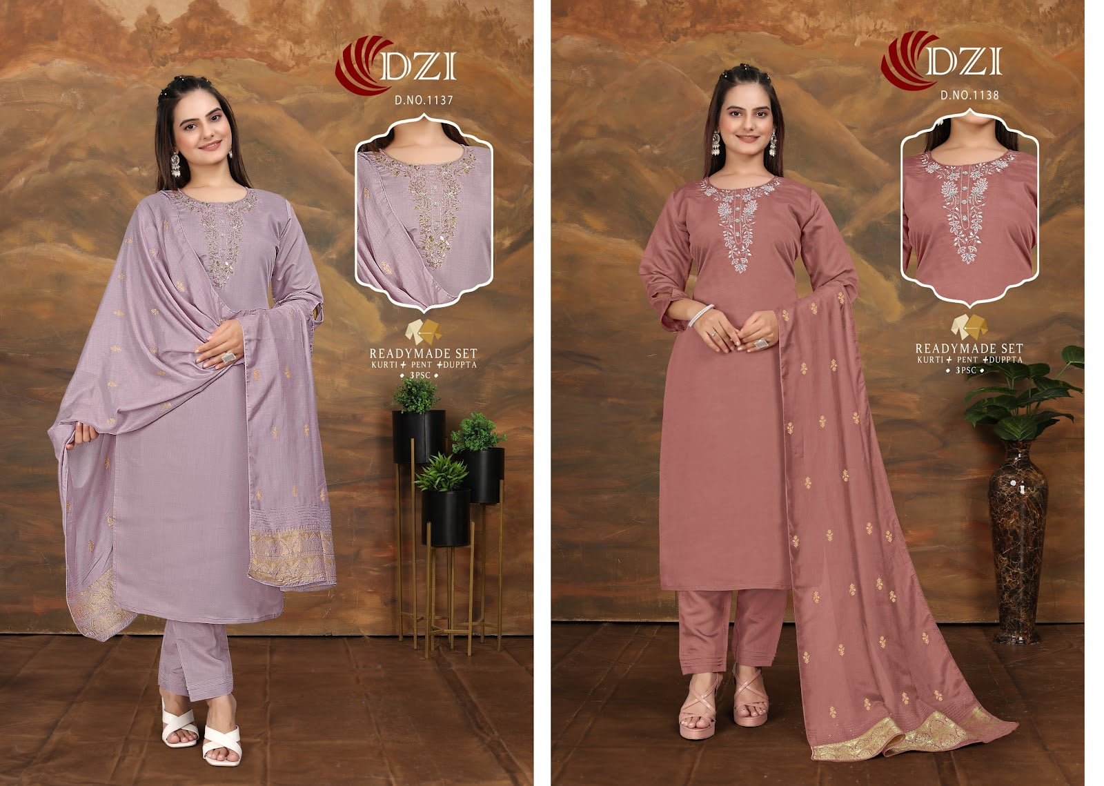 1137-1138 Dzi Roman Silk Readymade Pant Style Suits Wholesale