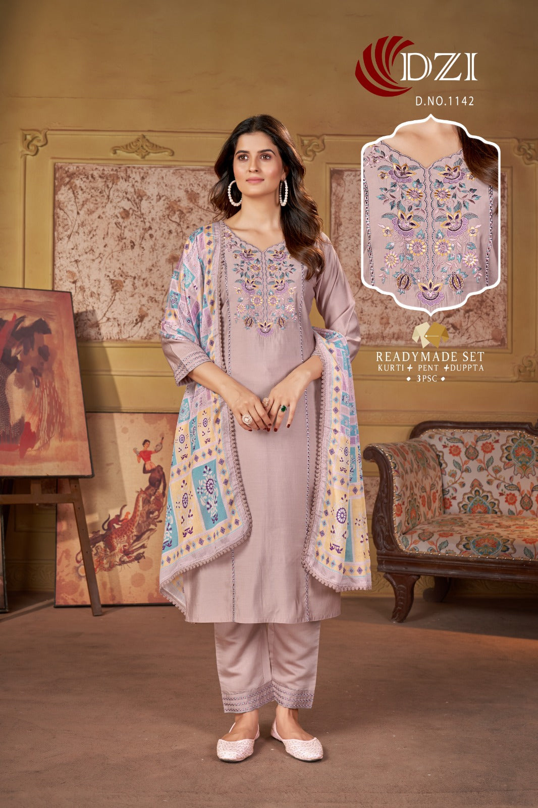 1142 Dzi Roman Silk Readymade Pant Style Suits Exporter Gujarat