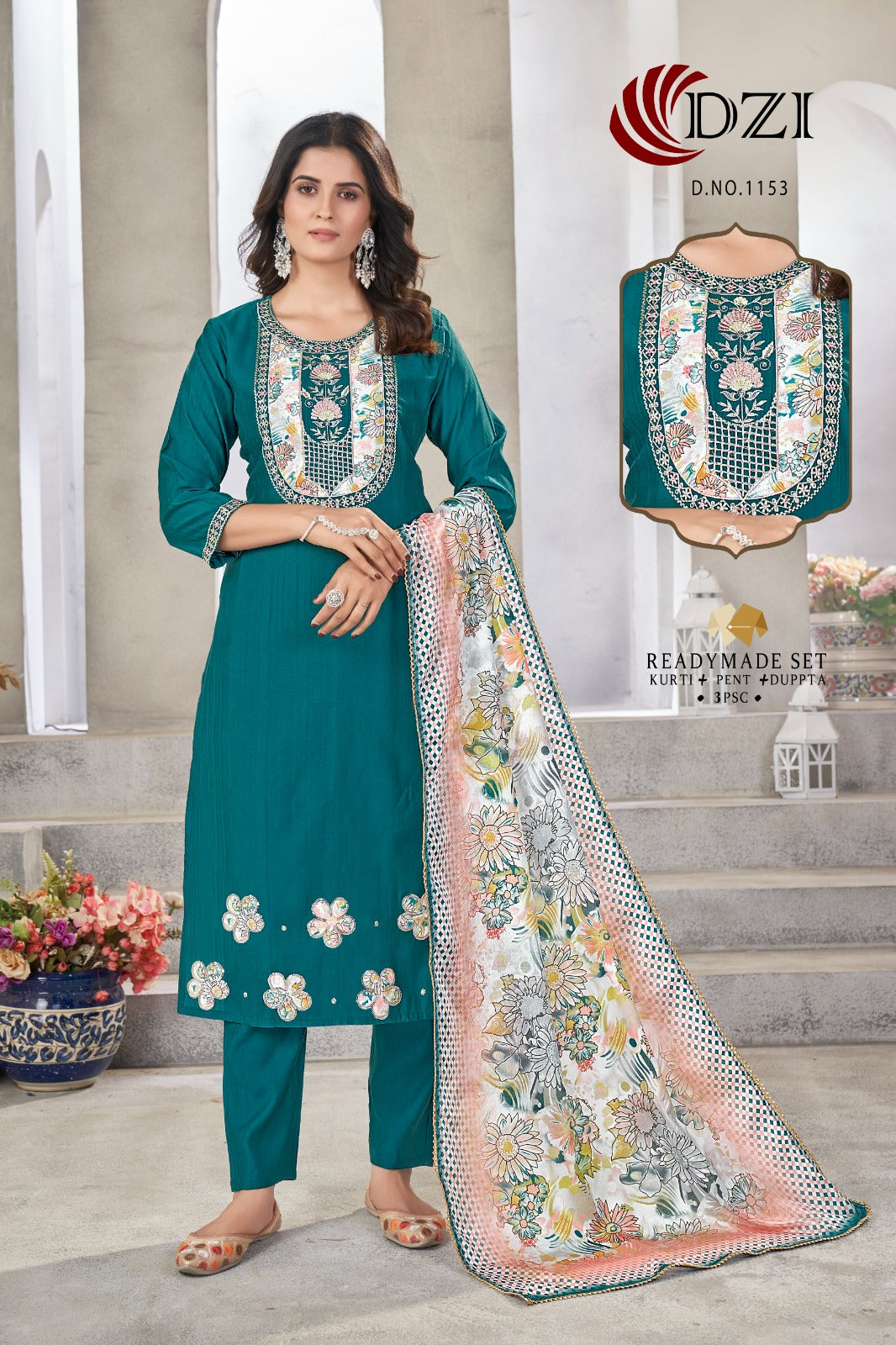 1153 Dzi Roman Silk Readymade Pant Style Suits Supplier Gujarat