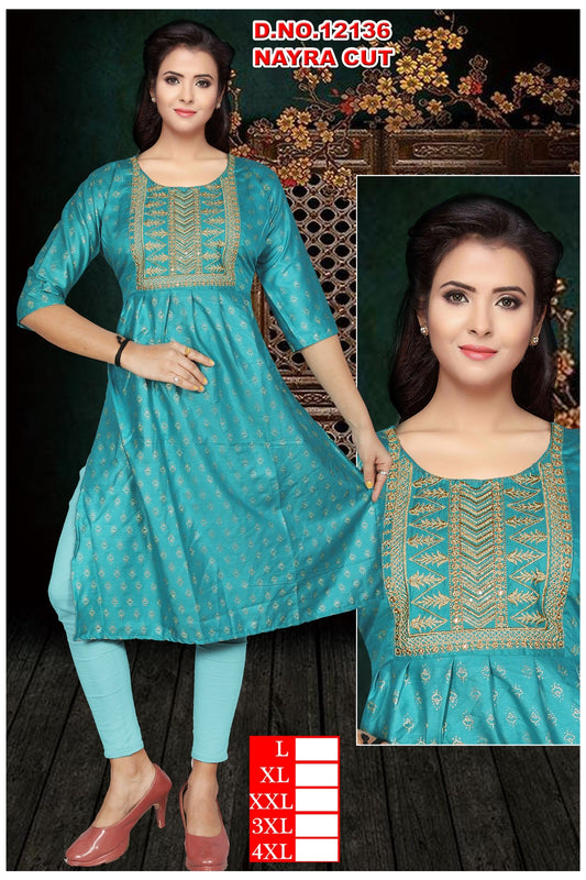 1213-12136 Vkh Reyon Naira Cut Kurtis Exporter
