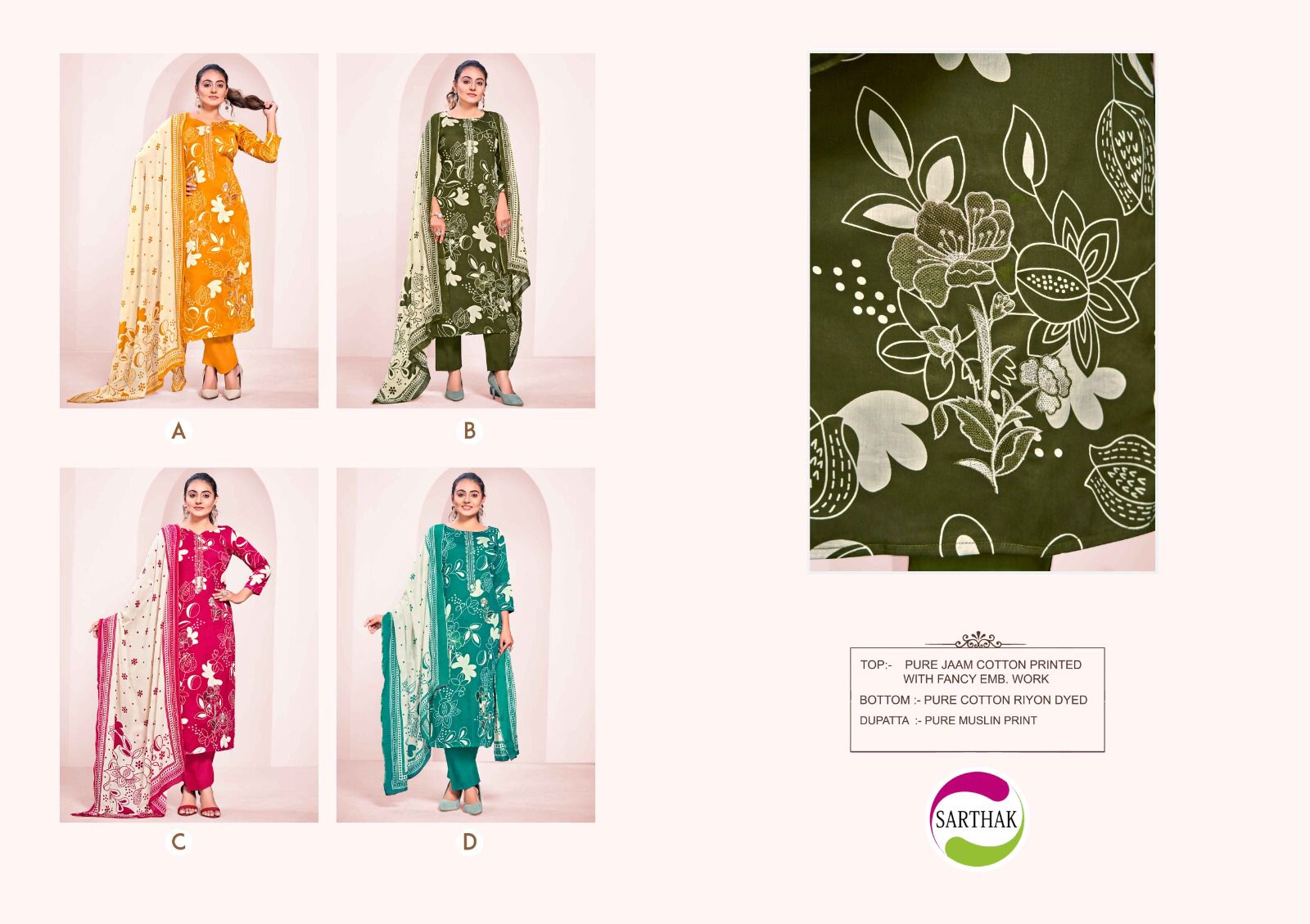 1255 Sarthak Prints Jaam Cotton Pant Style Suits Wholesale