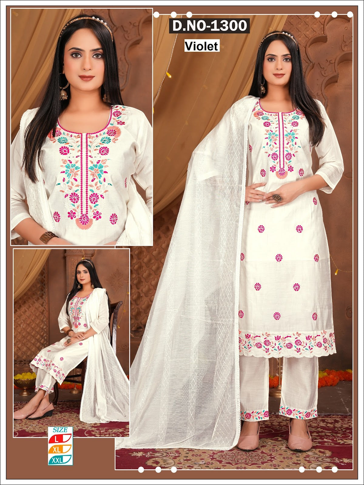1300 Off White Violet Roman Silk Readymade Pant Style Suits Wholesale