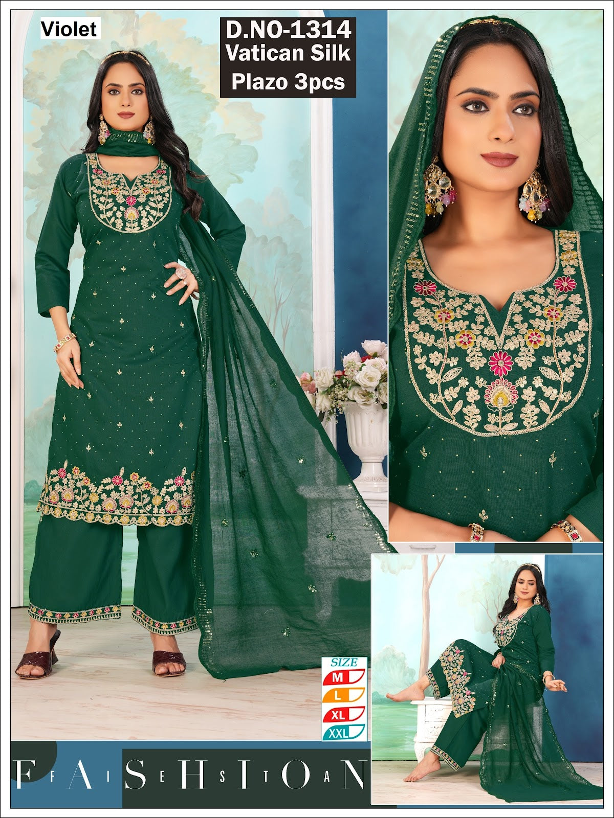 1314 Mehndi Lavender Violet Vatican Silk Readymade Plazzo Style Suits Wholesaler Gujarat