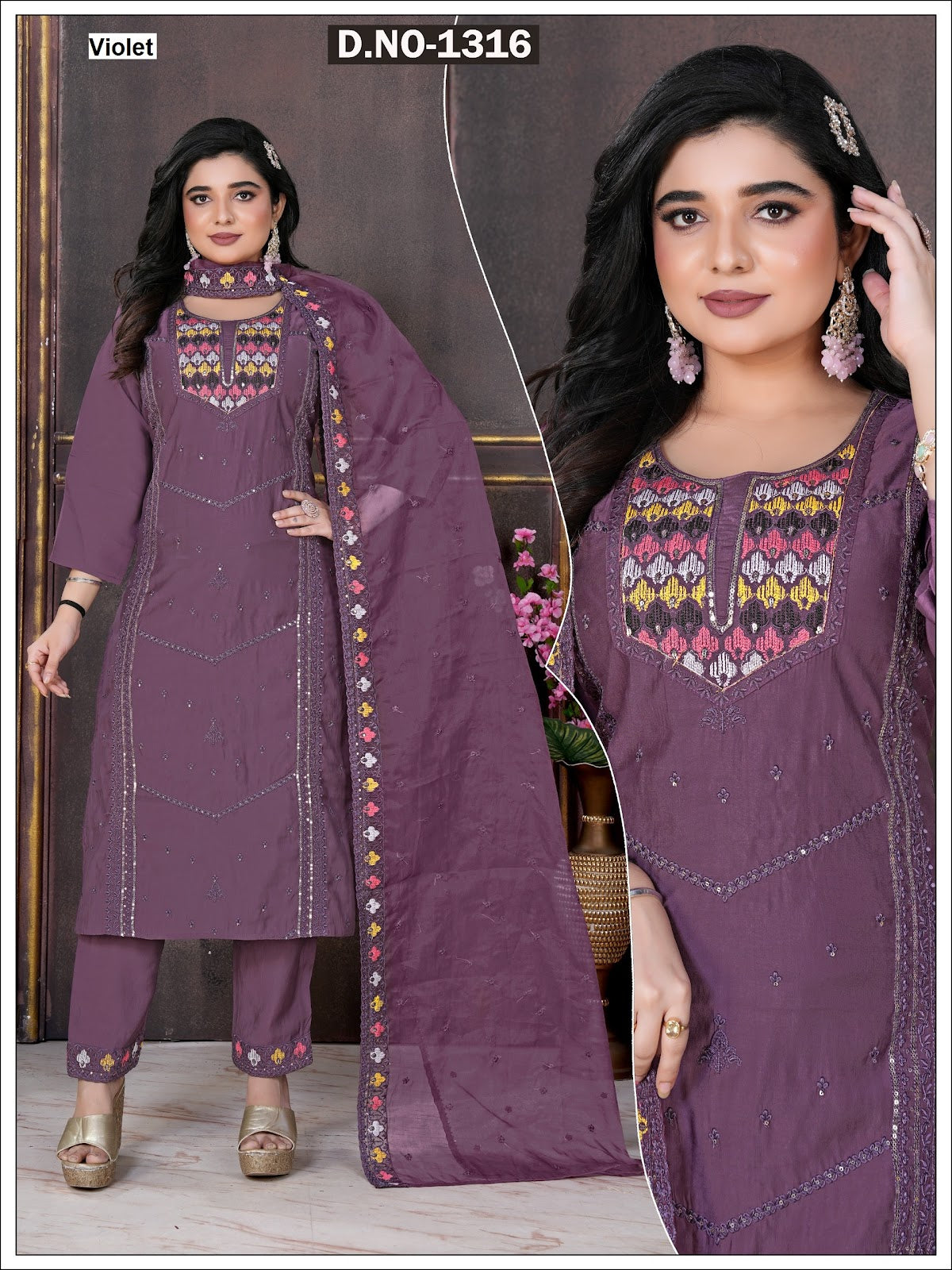 1316 Lavender Musturd Violet Roman Silk Readymade Pant Style Suits Exporter