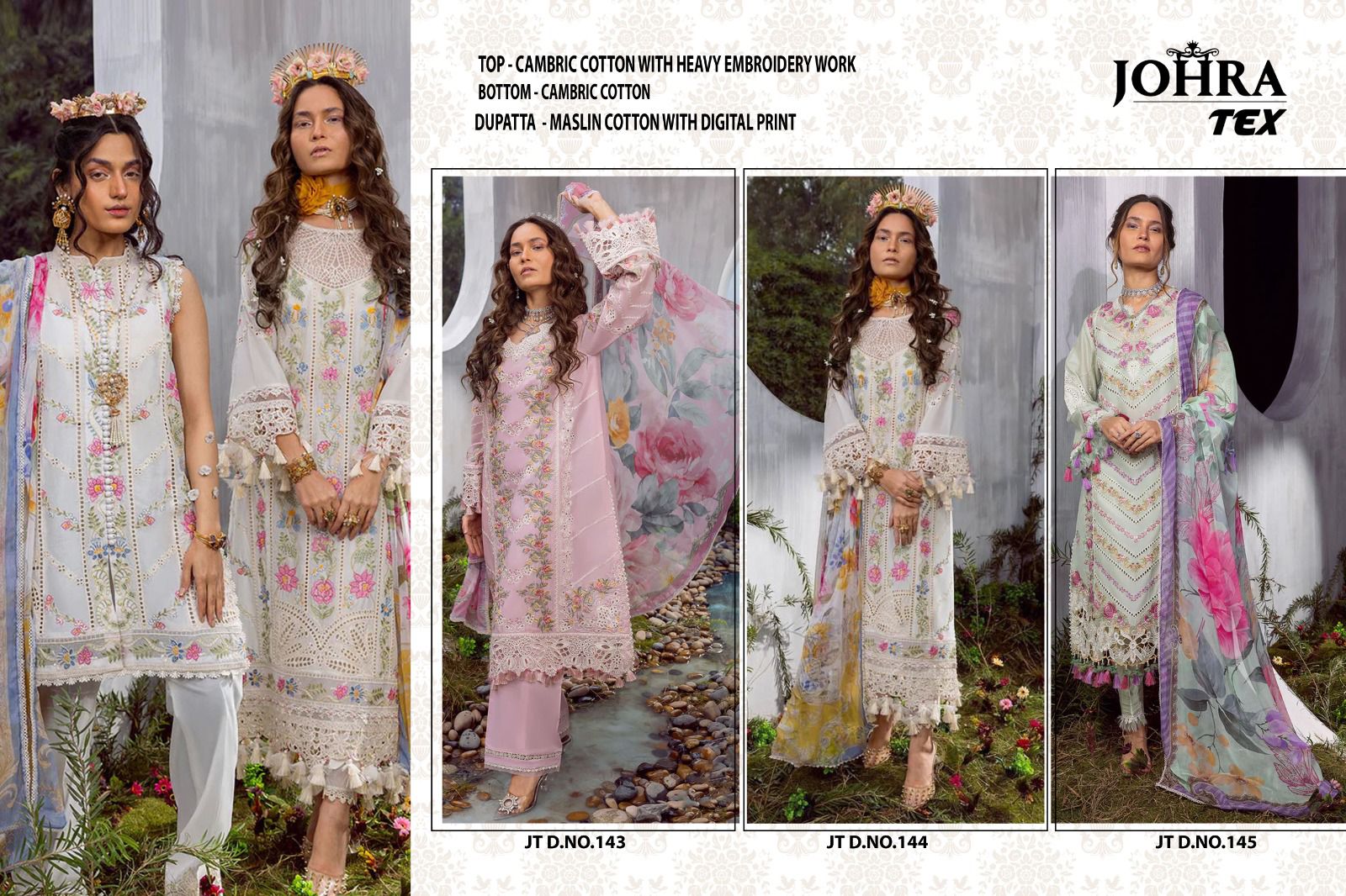 143-144-145 Johra Tex Cambric Cotton Pakistani Salwar Suits Supplier