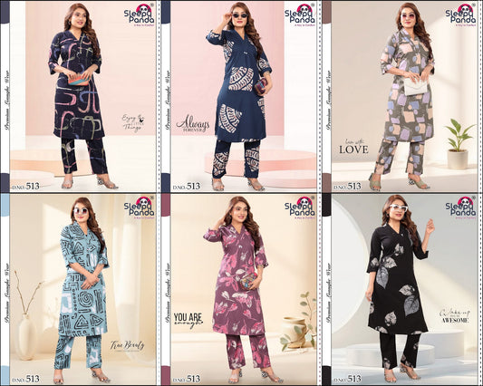 Design 513 Sleepy Panda Rayon 22Kg Kurti Pant Set Wholesale