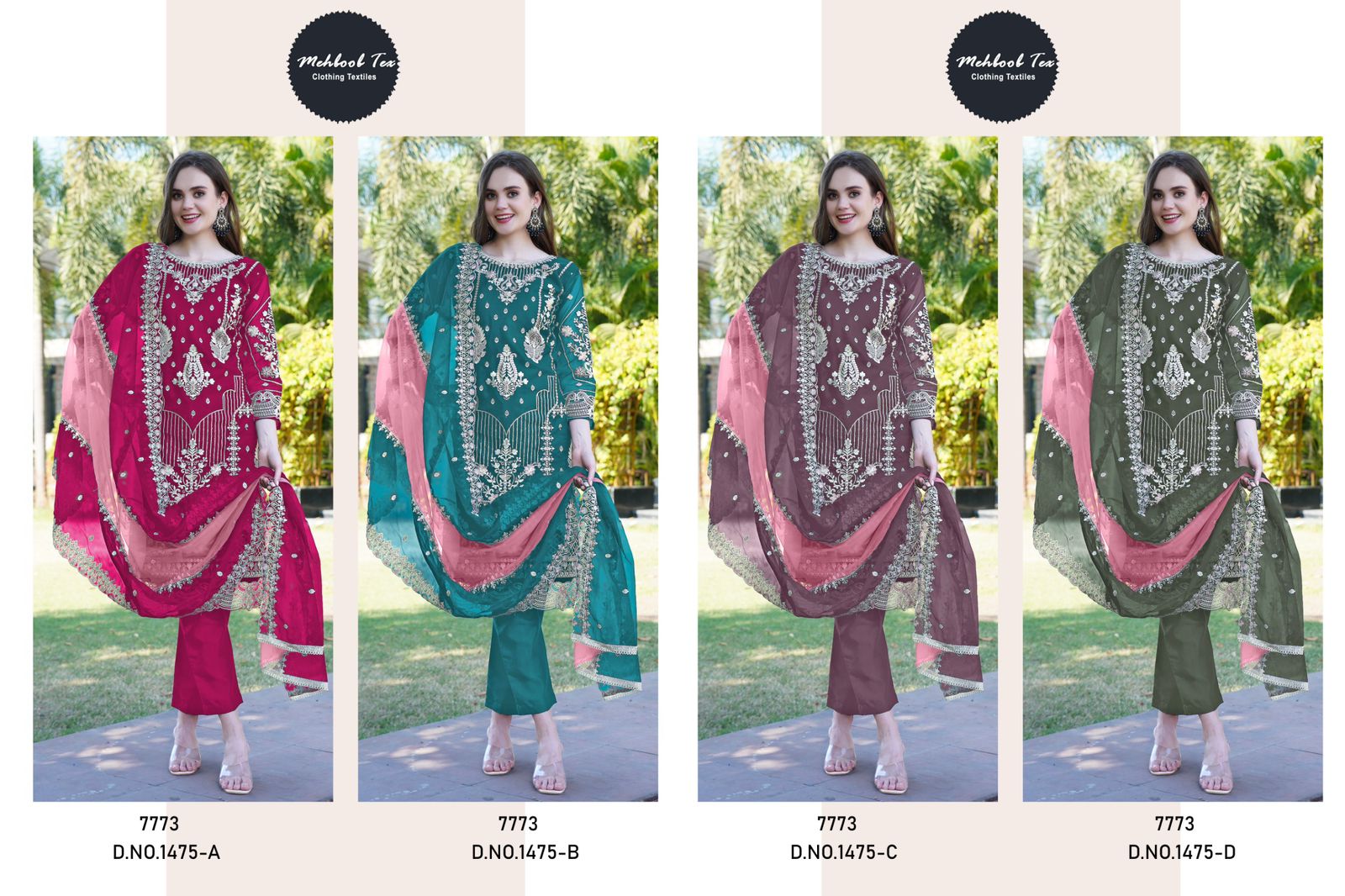 1475Abcd Mehboob Tex Organza Pakistani Salwar Suits Wholesale Rate