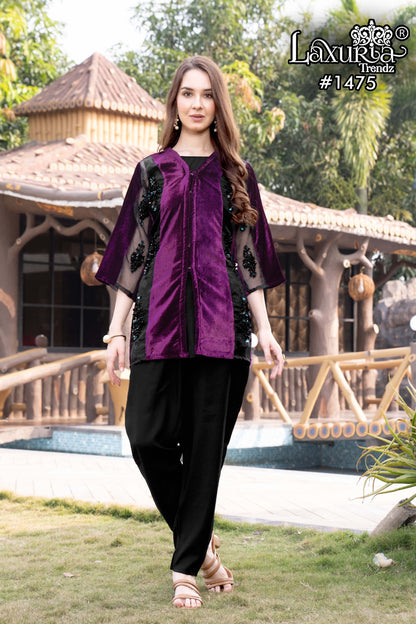 1475 Laxuria Trendz Velvet Top Bottom Set Manufacturer India