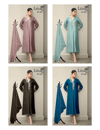 1491 New Colour Laxuria Trendz Satin Pakistani Readymade Suits Wholesale Rate