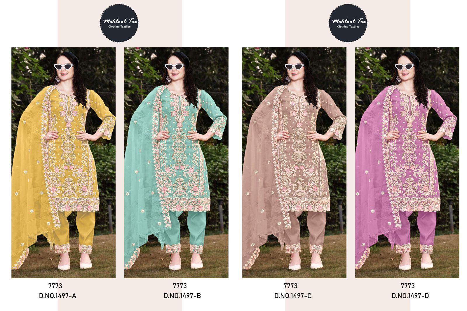 1497Abcd Mehboob Tex Organza Pakistani Salwar Suits Wholesale Price