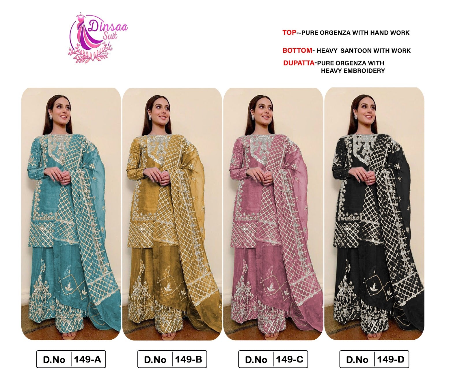 149 Dinsaa Suit Organza Pakistani Salwar Suits Wholesale Price