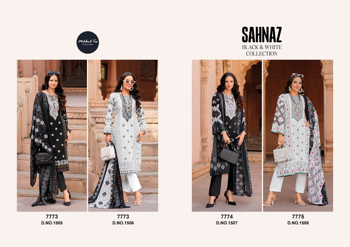 1505-1508 Sahnaz Black And White Collection Mehboob Tex Cotton Pakistani Salwar Suits Wholesaler Gujarat