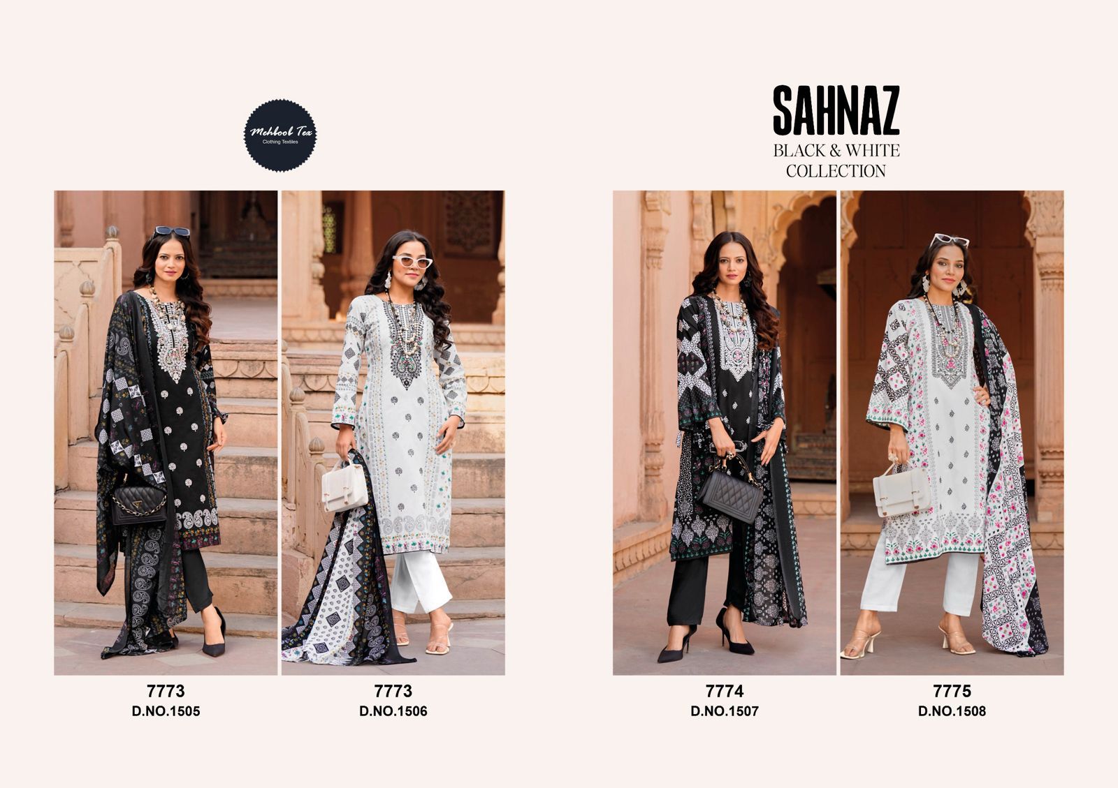 1505-1508 Sahnaz Black And White Collection Mehboob Tex Cotton Pakistani Salwar Suits Wholesaler Gujarat