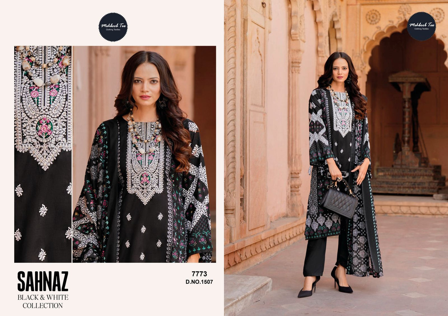 1505-1508 Sahnaz Black And White Collection Mehboob Tex Cotton Pakistani Salwar Suits Wholesaler Gujarat