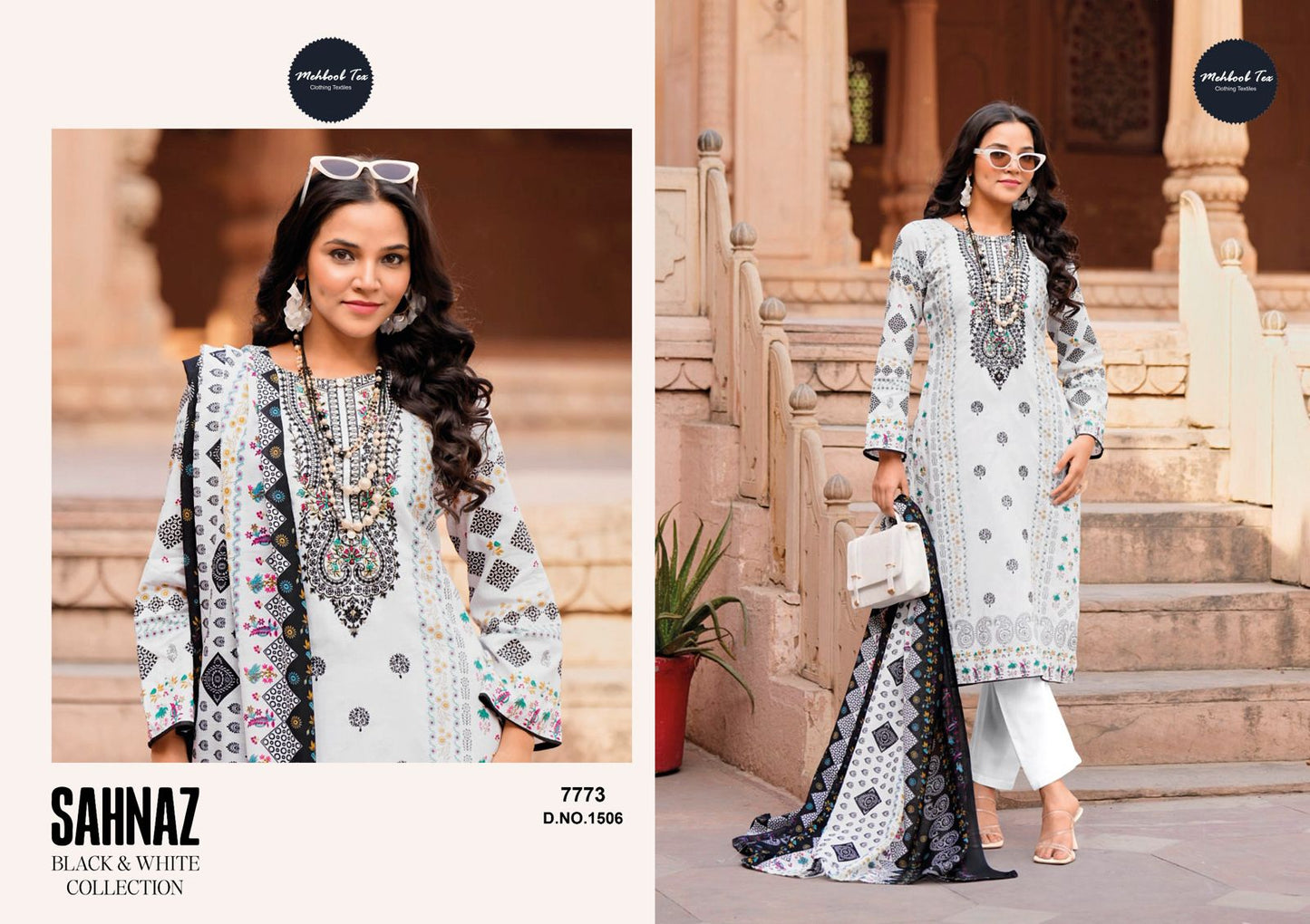 1505-1508 Sahnaz Black And White Collection Mehboob Tex Cotton Pakistani Salwar Suits Wholesaler Gujarat
