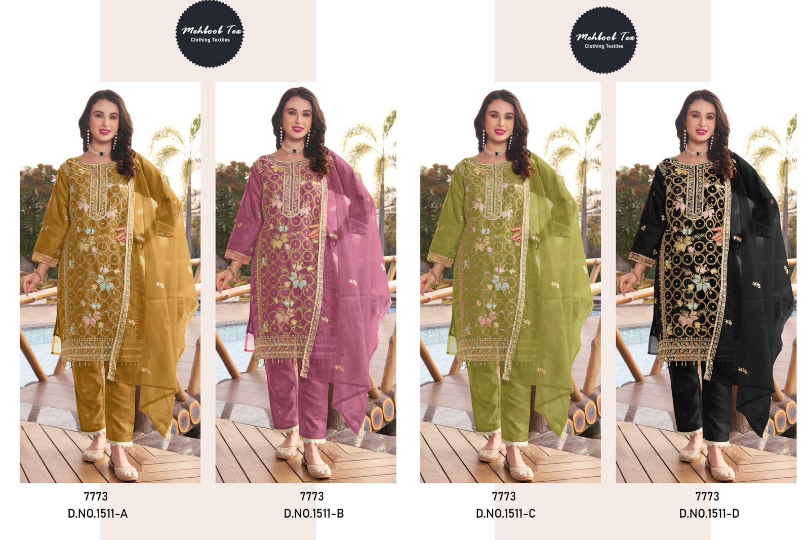 1511Abcd Mehboob Tex Organza Pakistani Salwar Suits Wholesale Rate