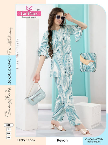 1662 La Fairy Rayon Co Ord Set Wholesaler Ahmedabad