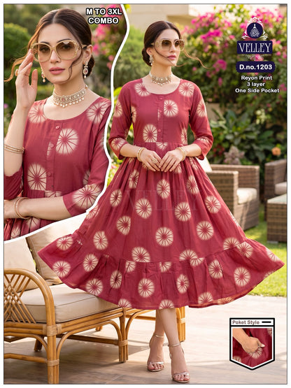 171026 3 Layers Velley Rayon Anarkali Kurtis Wholesale Price