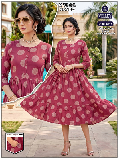 171026 3 Layers Velley Rayon Anarkali Kurtis Wholesale Price